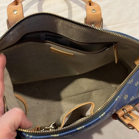 Dooney & Bourke Blue Tan Monogram Satchel Purse Double Handle - Picture 7 of 14